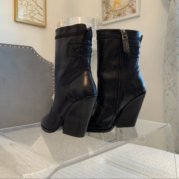 Diesel Flamingo Black leather wedge Boots 6 New - Picture 9 of 15